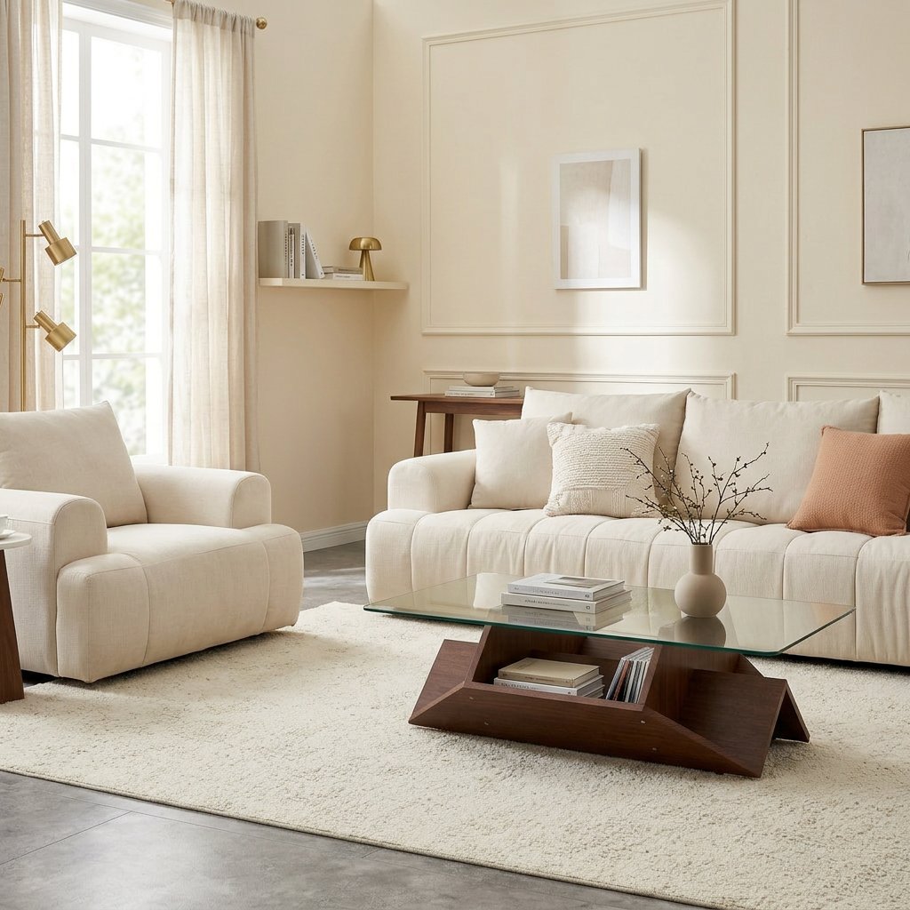 Walnut Multi-Storage Coffee Table with Tempered Glass Top styled in a warm modern interior
