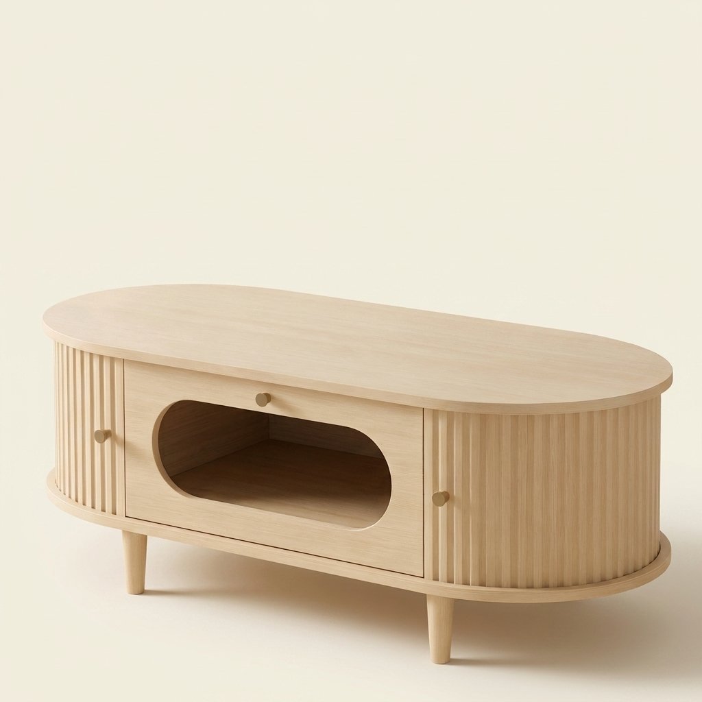 Wood Coffee Table with Drawer and Roller Door, 39 in on a warm cream background