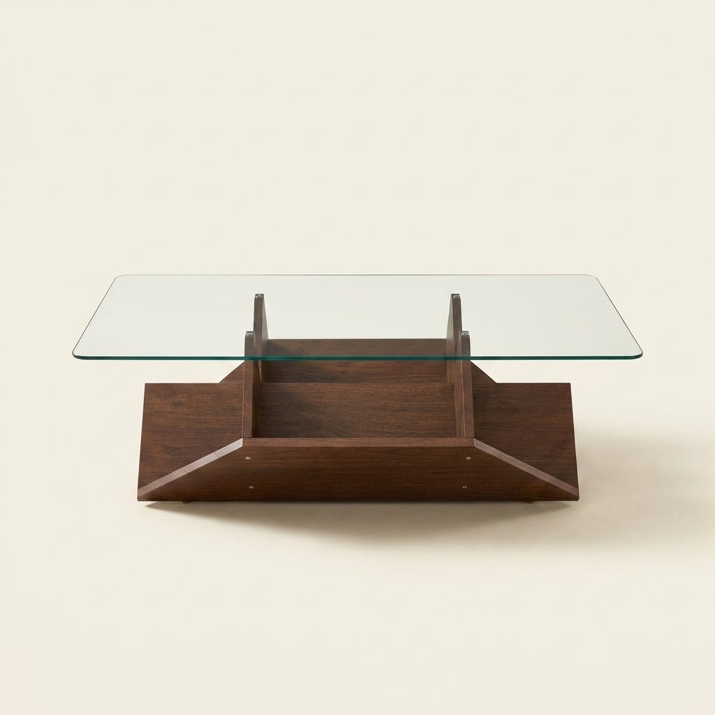 Walnut Multi-Storage Coffee Table with Tempered Glass Top on a warm cream background