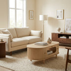 Wood Coffee Table with Drawer and Roller Door, 39 in styled in a warm modern interior
