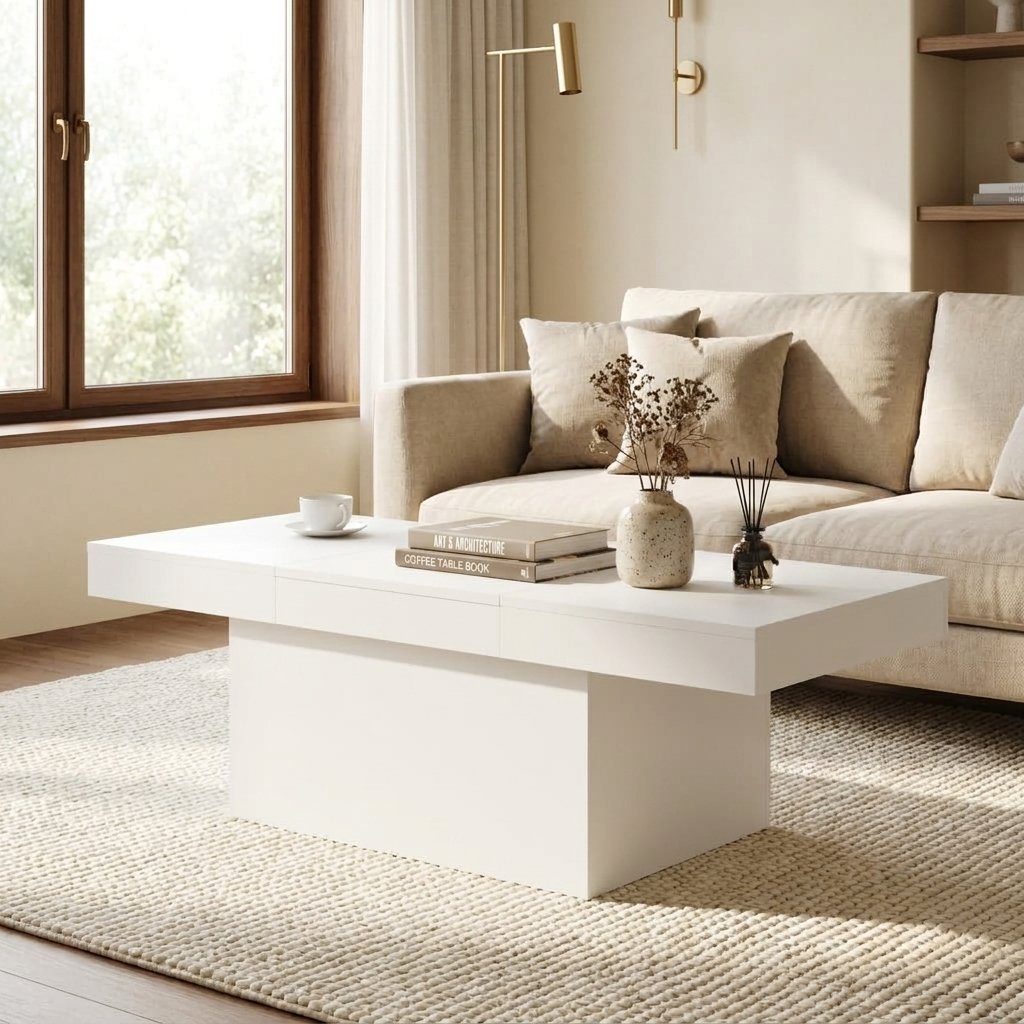 Natural Wood Coffee Table, 39 in styled in a warm modern interior