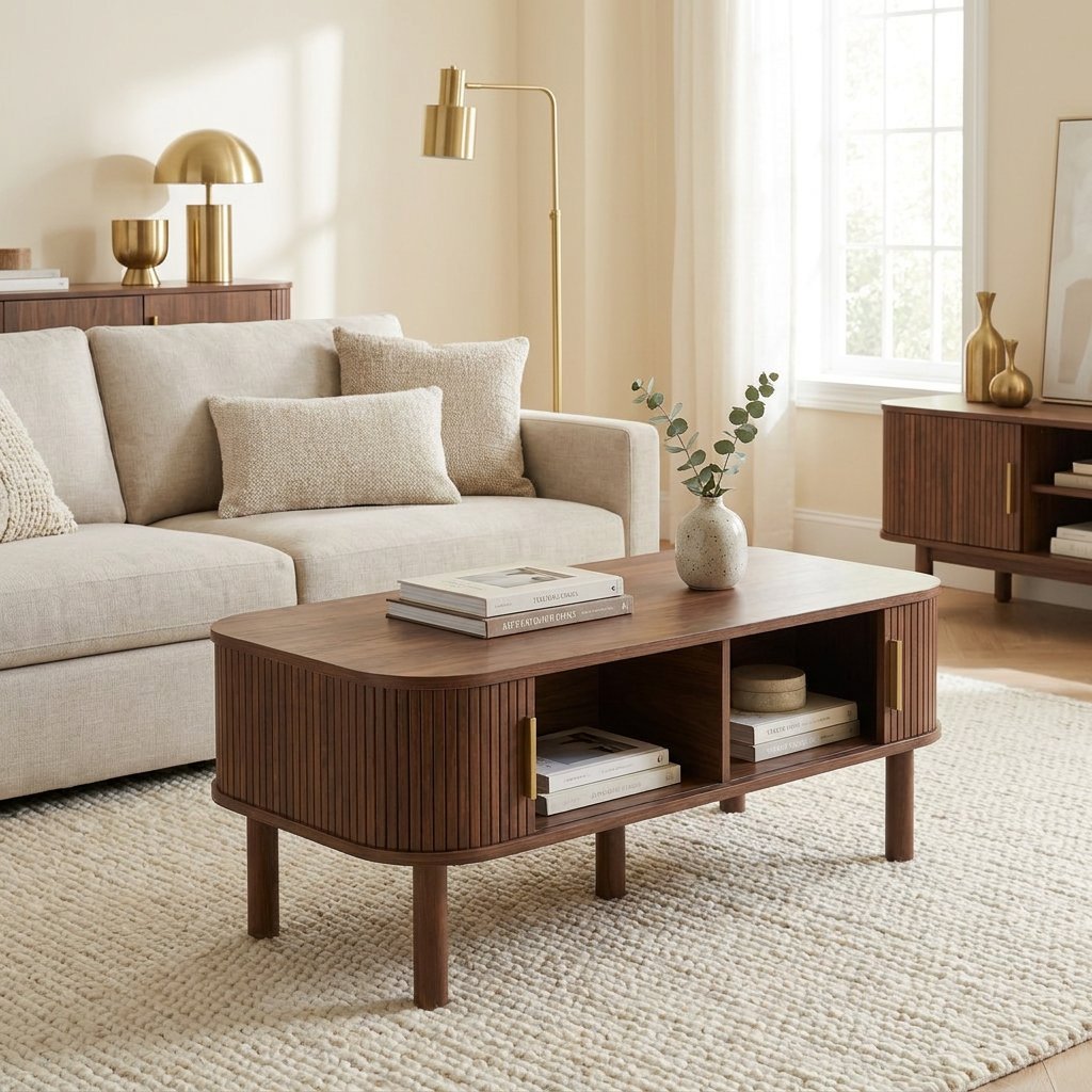 Scandinavian Coffee Table with Roller Door, Walnut Finish styled in a warm modern interior