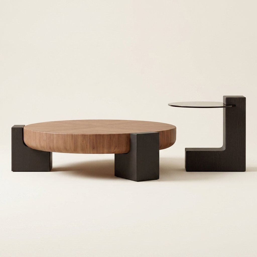 Walnut Coffee Table Set with Round Tea Table on a warm cream background