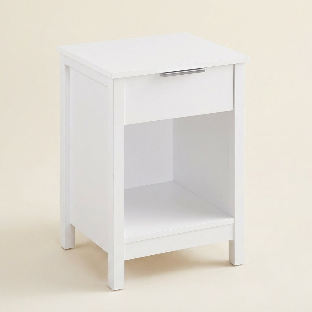 Three-Tier Nightstand with Storage Drawer, Retro White on a warm cream background