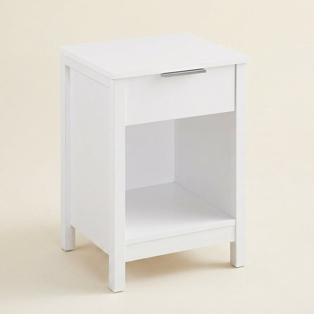 Three-Tier Nightstand with Storage Drawer, Retro White on a warm cream background