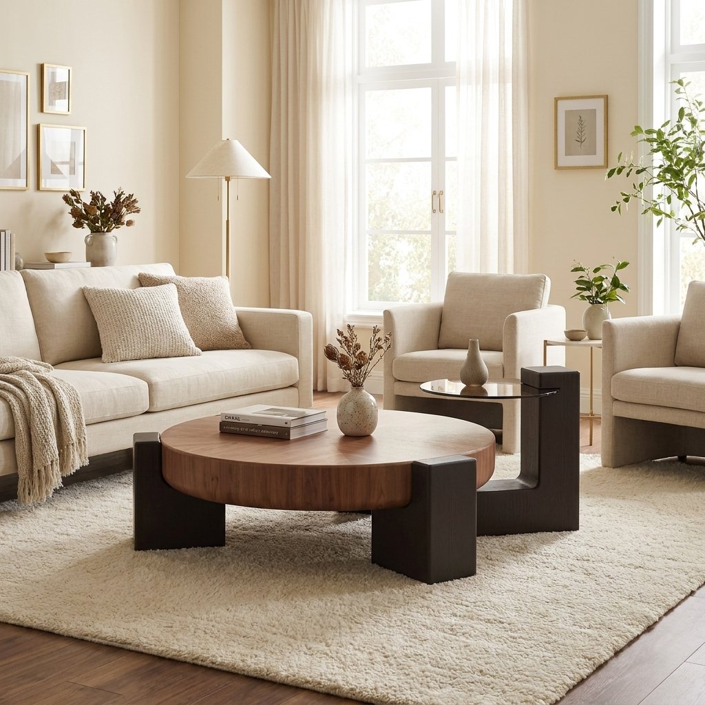 Walnut Coffee Table Set with Round Tea Table styled in a warm modern interior