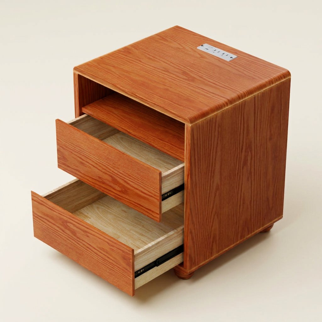 Solid Wood Curved Nightstand with Charging Station, Walnut on a warm cream background