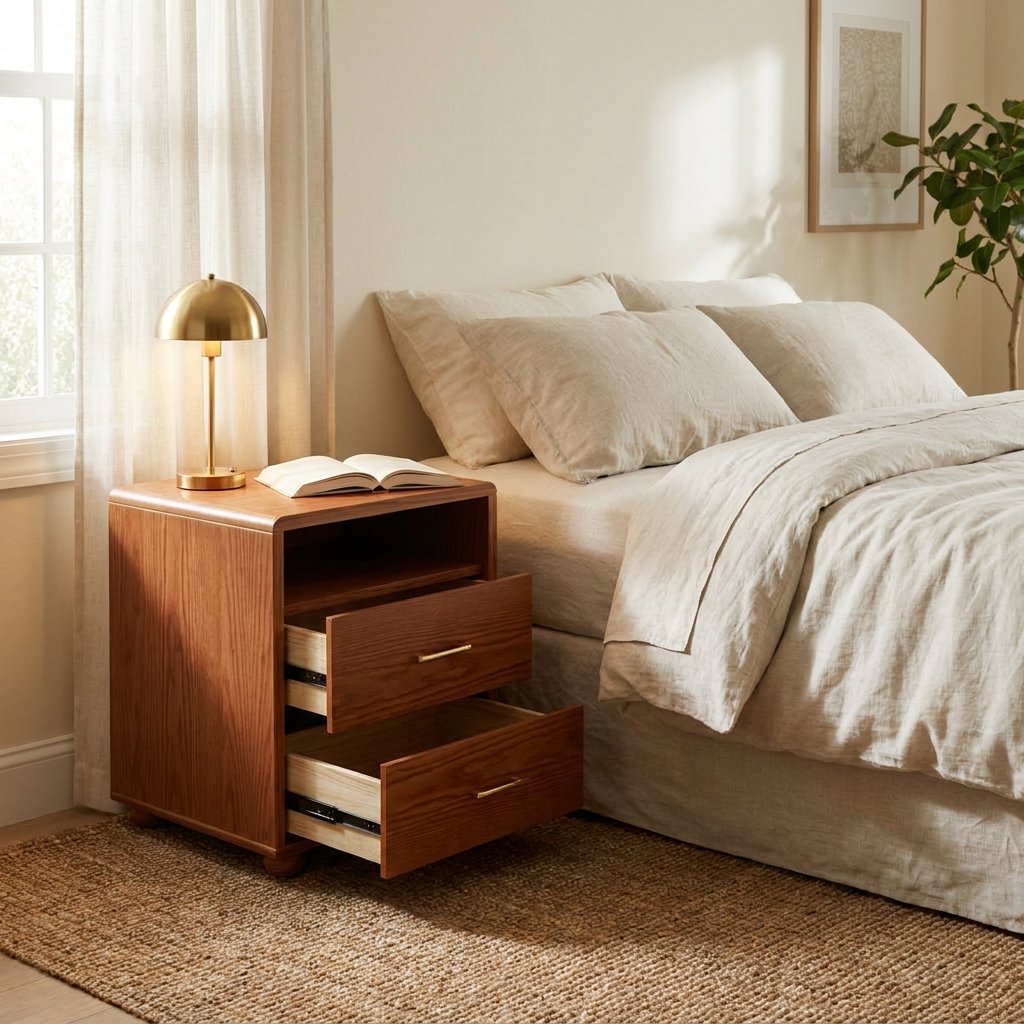 Solid Wood Curved Nightstand with Charging Station, Walnut styled in a warm modern interior
