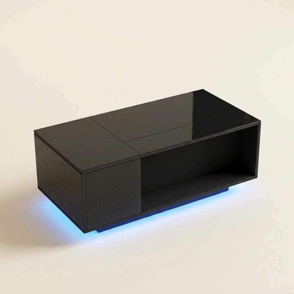 Height-Adjustable Coffee Table with Hidden Storage, Matte Black on a warm cream background