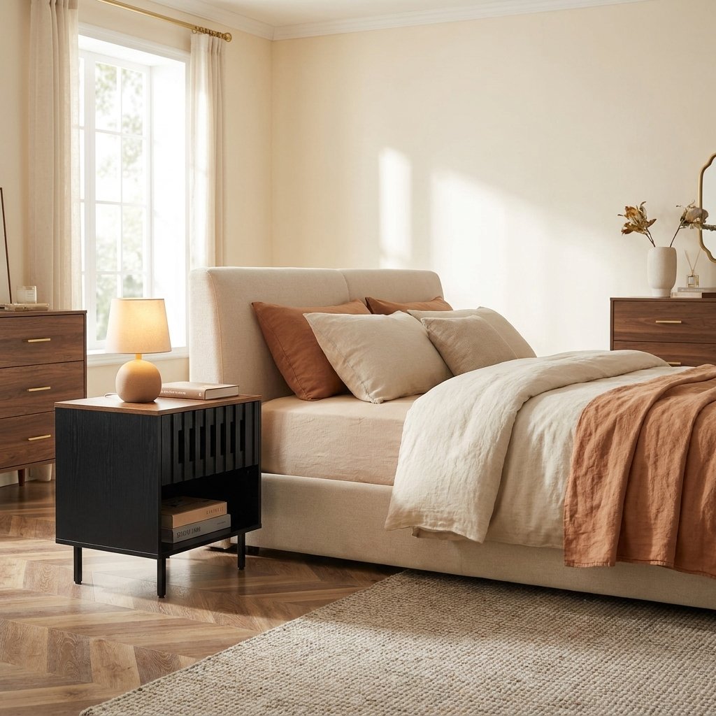 Grille-Door Nightstand Set of 2, Mid-Century Modern styled in a warm modern interior