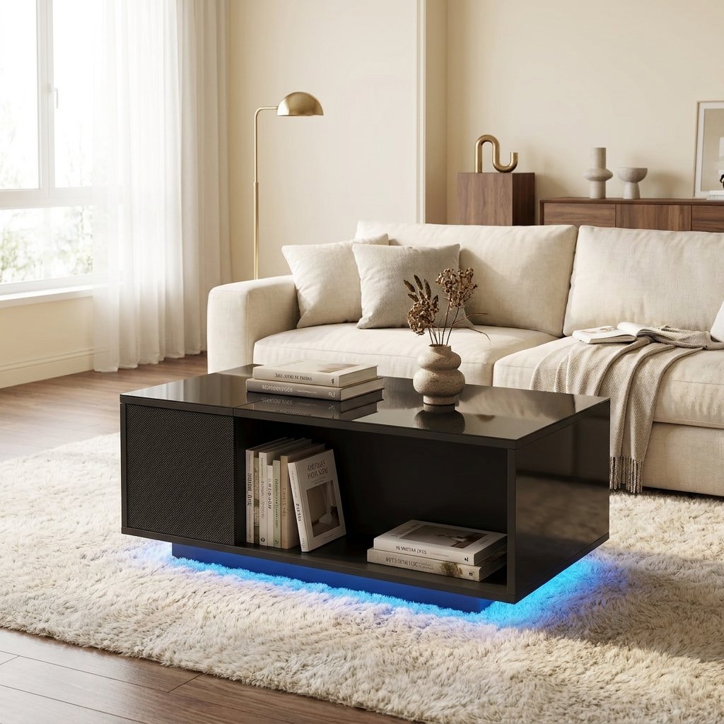 Height-Adjustable Coffee Table with Hidden Storage, Matte Black styled in a warm modern interior