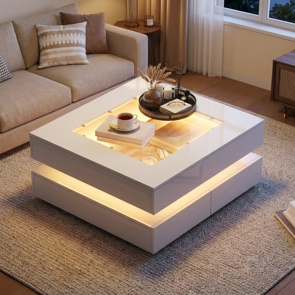Geometric Glass-Top LED Coffee Table with 3 Drawers, White styled in a warm modern interior