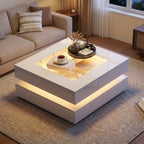 Geometric Glass-Top LED Coffee Table with 3 Drawers, White styled in a warm modern interior