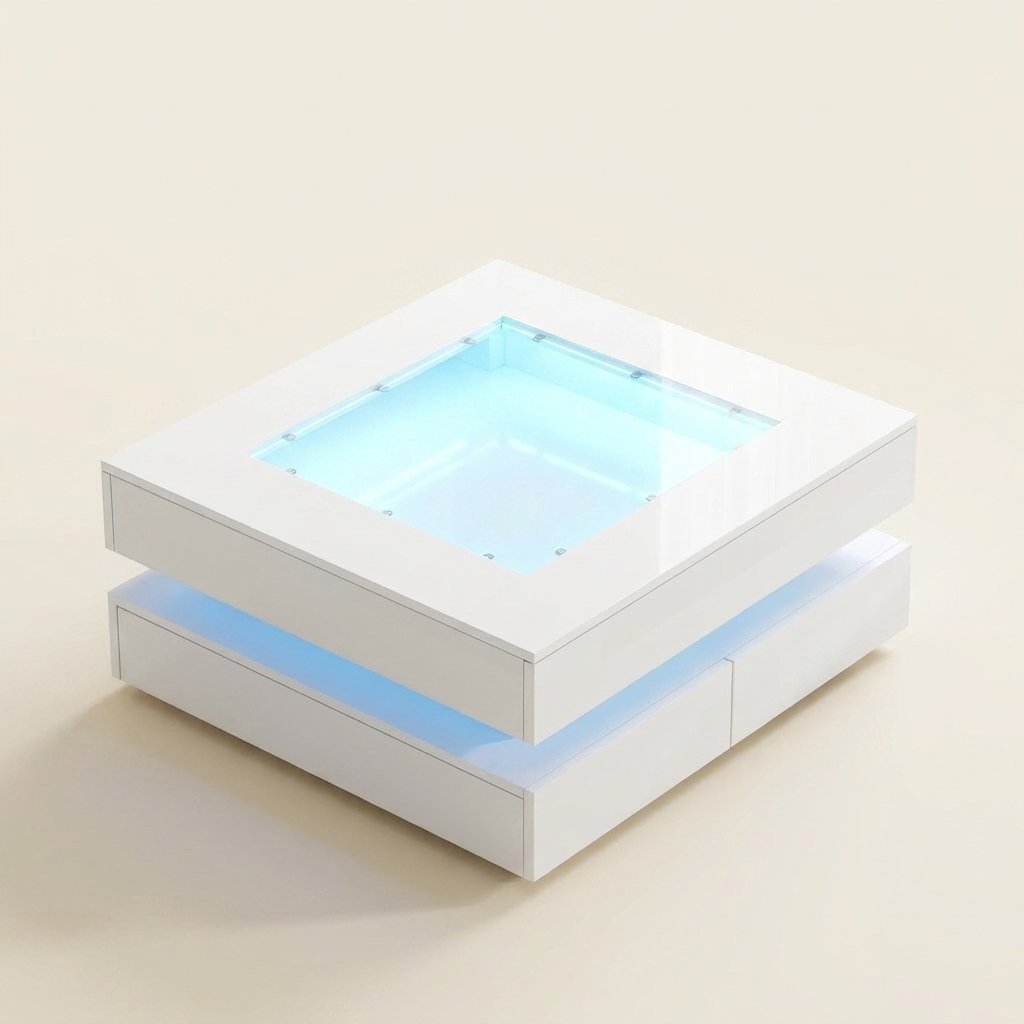 Geometric Glass-Top LED Coffee Table with 3 Drawers, White on a warm cream background