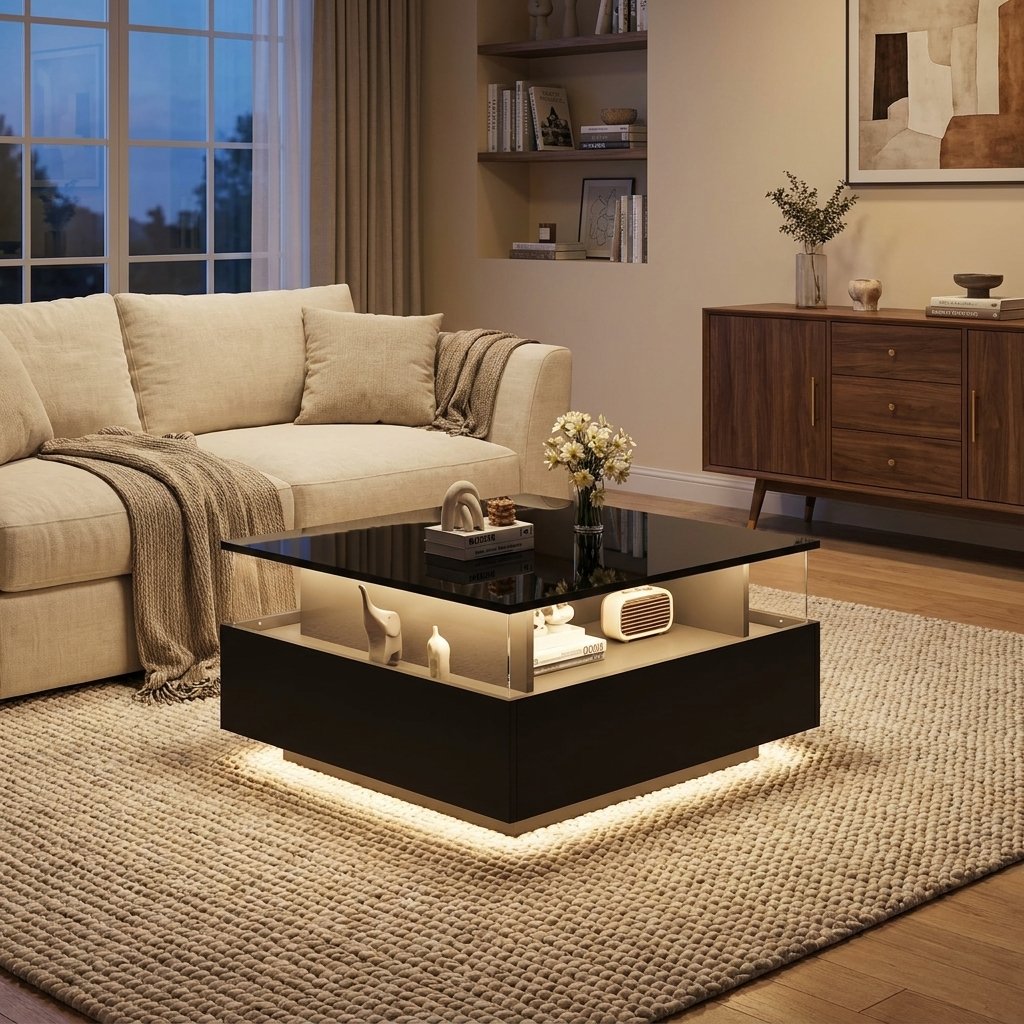 Modern LED Coffee Table with Sliding-Drawer Storage styled in a warm modern interior