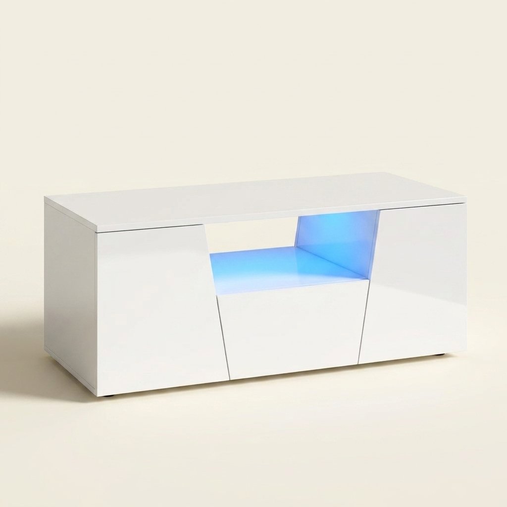 High-Gloss LED Coffee Table with Storage Cabinets, White on a warm cream background