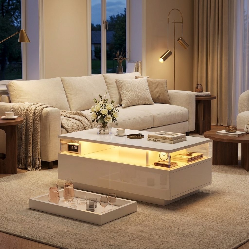 High-Gloss LED Coffee Table with Serving Tray, White styled in a warm modern interior