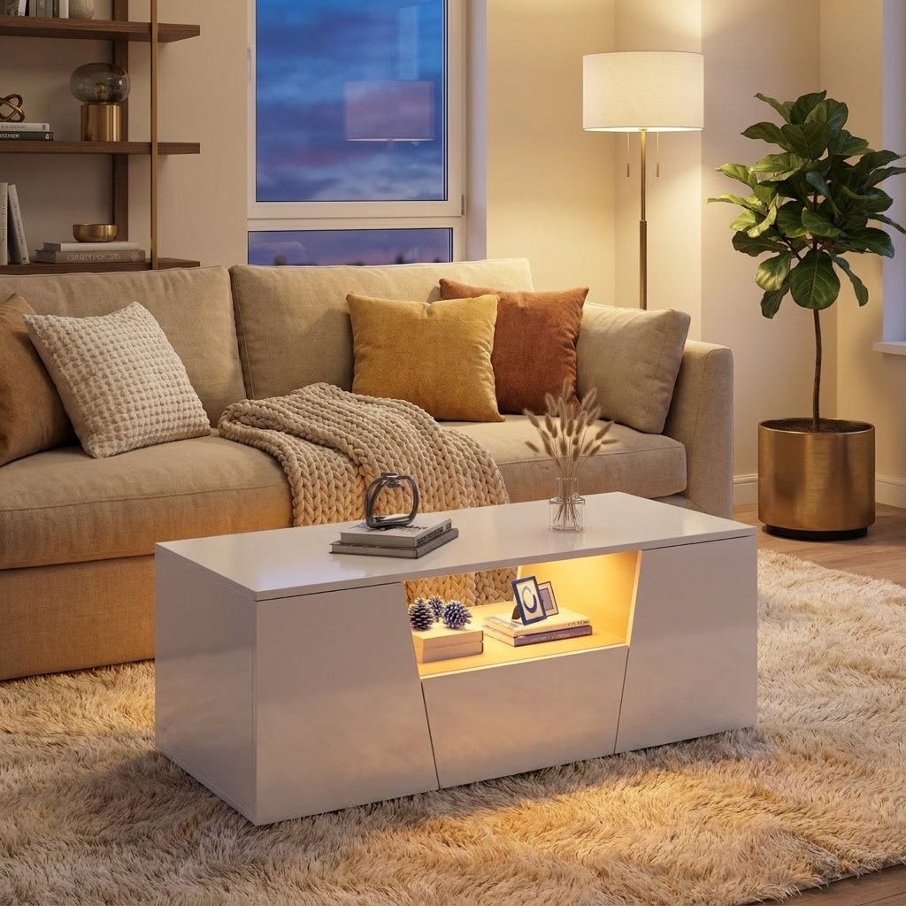 High-Gloss LED Coffee Table with Storage Cabinets, White styled in a warm modern interior