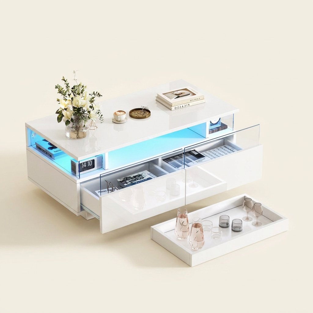 High-Gloss LED Coffee Table with Serving Tray, White on a warm cream background