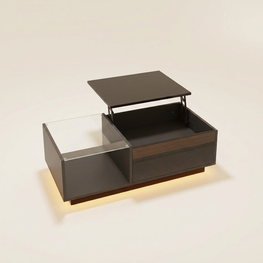 Height-Adjustable LED Coffee Table with Hidden Storage on a warm cream background