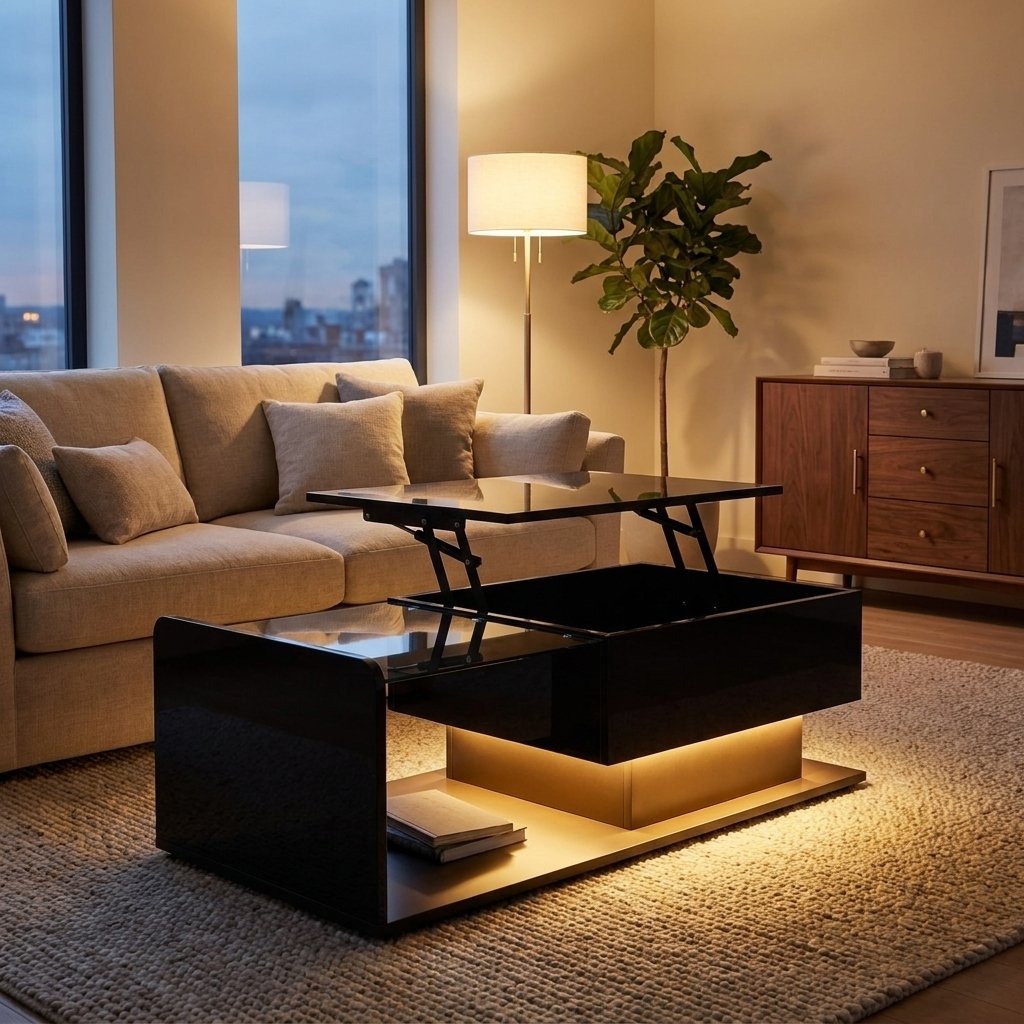 High-Gloss LED Coffee Table with Glass Top, Black styled in a warm modern interior