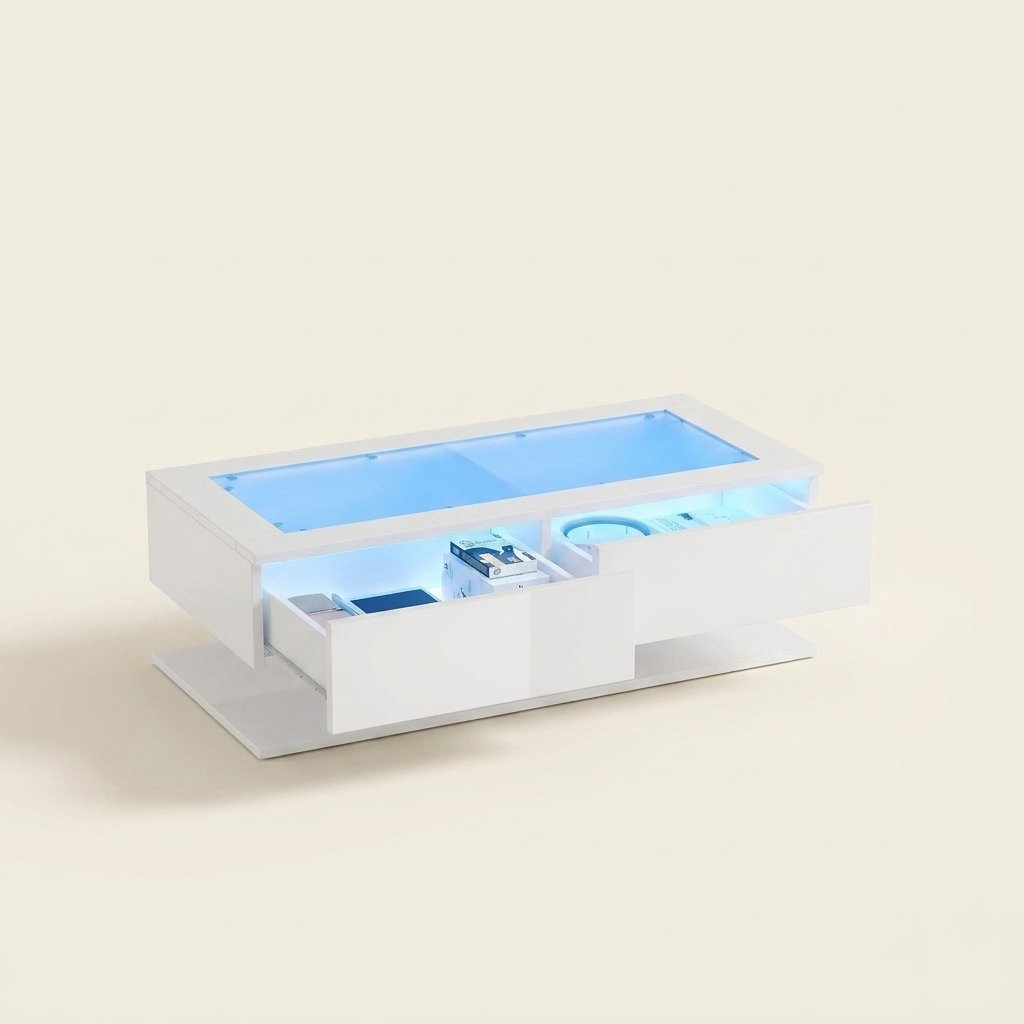 High-Gloss LED Sofa Table with Glass Top, White on a warm cream background