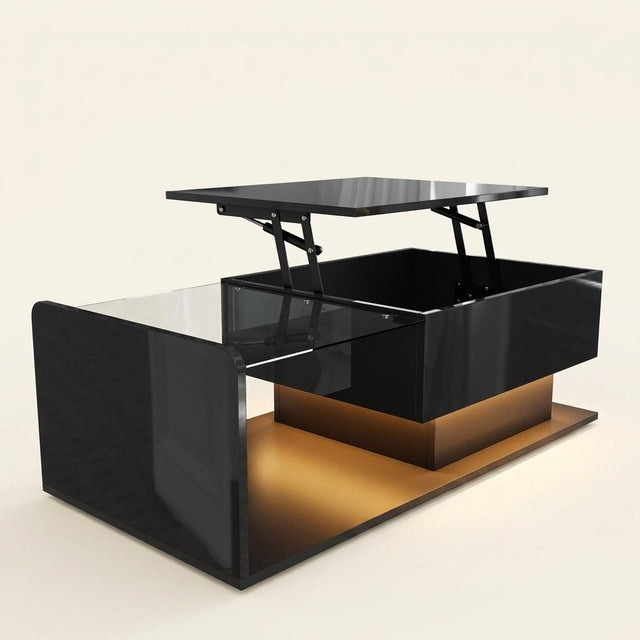 High-Gloss LED Coffee Table with Glass Top, Black on a warm cream background