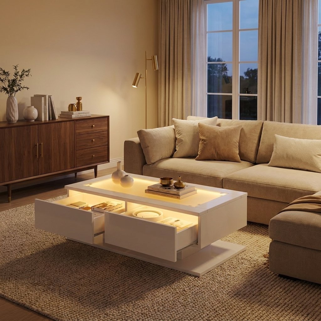 High-Gloss LED Sofa Table with Glass Top, White styled in a warm modern interior