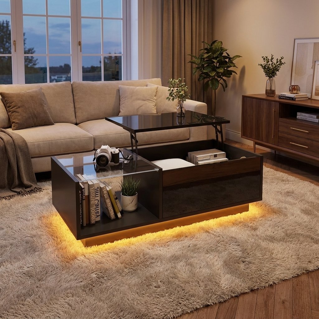 Height-Adjustable LED Coffee Table with Hidden Storage styled in a warm modern interior