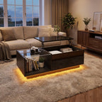 Height-Adjustable LED Coffee Table with Hidden Storage styled in a warm modern interior