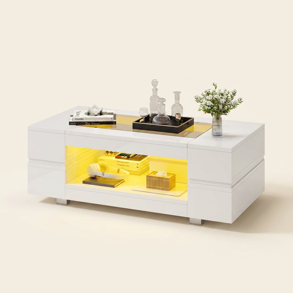 LED Smart Coffee Table with App Control, White on a warm cream background