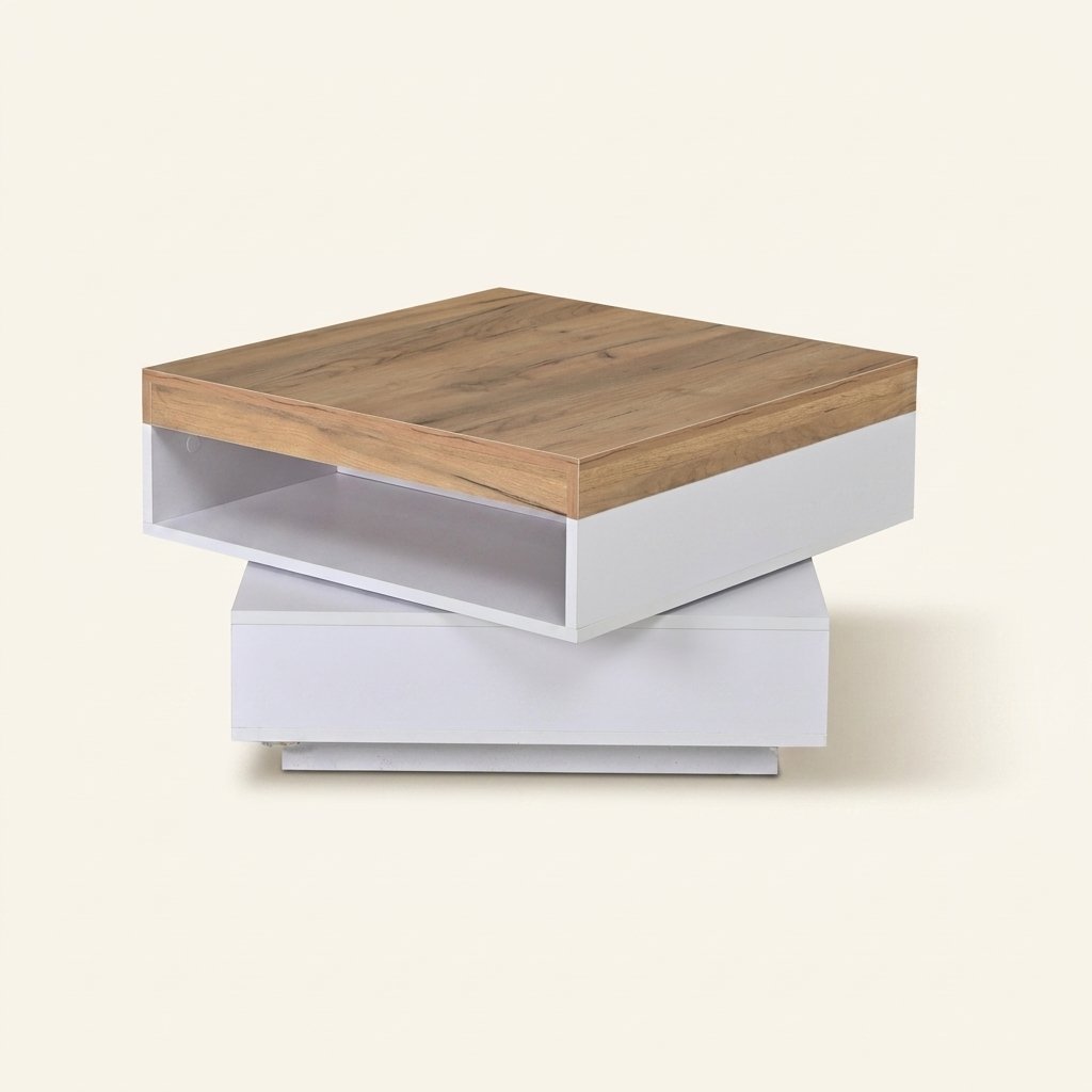 Square Swivel LED Coffee Table with Storage, White and Wood on a warm cream background
