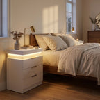 LED Nightstand with Charging Station and Sliding Top, White styled in a warm modern interior