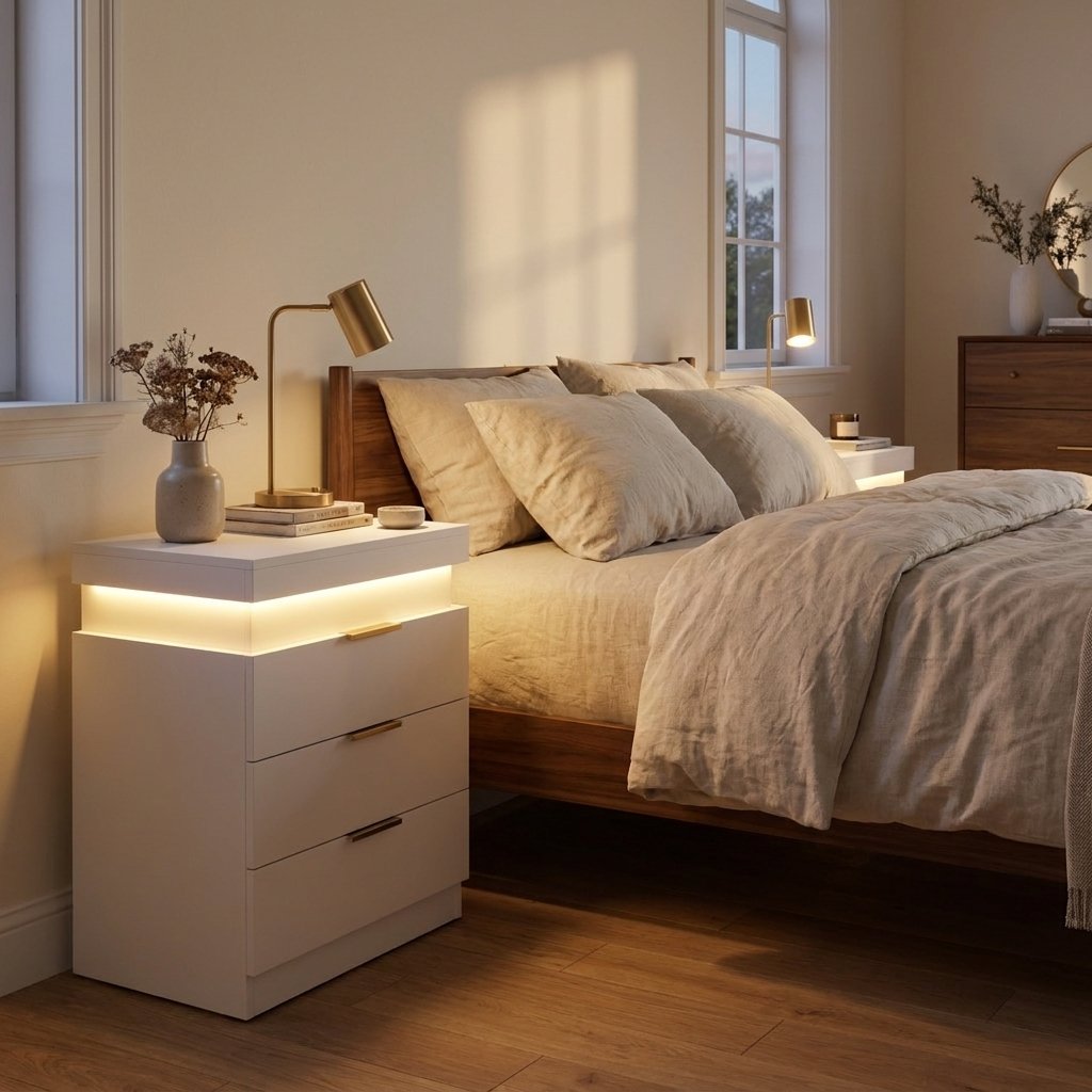 LED Nightstand with Charging Station and Sliding Top, White styled in a warm modern interior