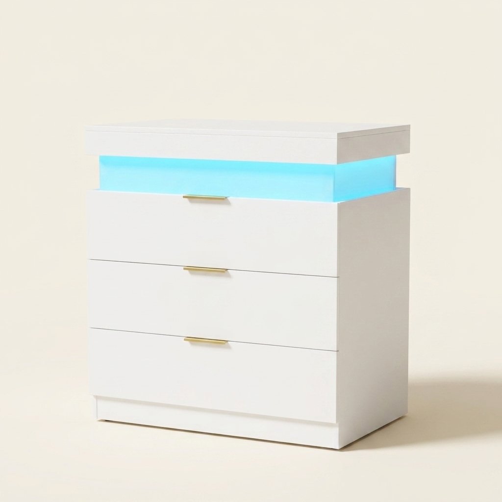 LED Nightstand with Charging Station and Sliding Top, White on a warm cream background