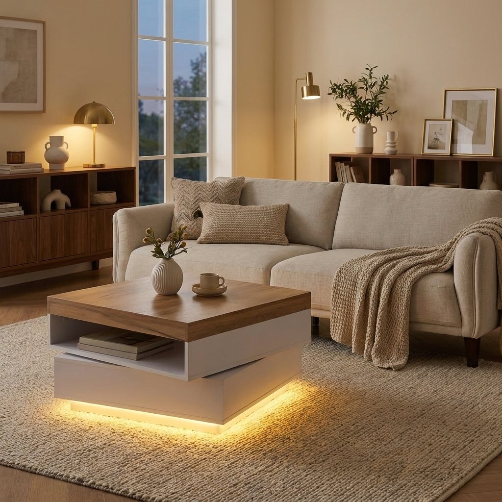 Square Swivel LED Coffee Table with Storage, White and Wood styled in a warm modern interior