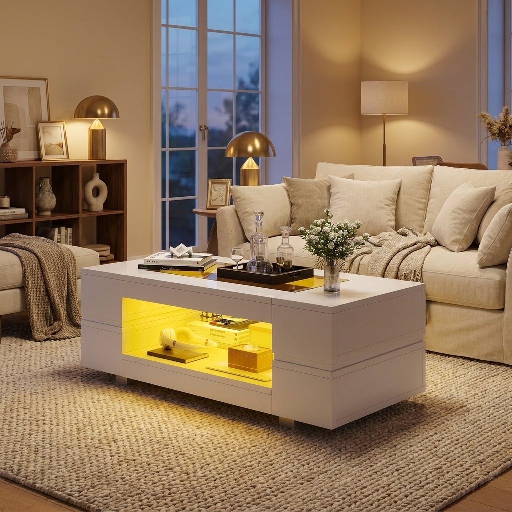 LED Smart Coffee Table with App Control, White styled in a warm modern interior