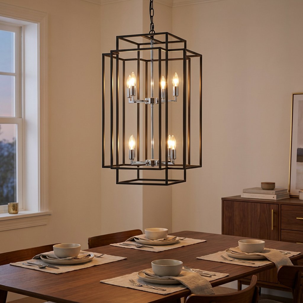 8-Lantern Tiered Iron Chandelier, Industrial Farmhouse, 18 in styled in a warm modern interior