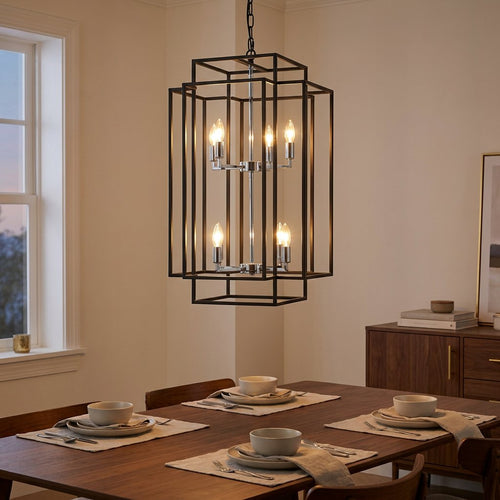 8-Lantern Tiered Iron Chandelier, Industrial Farmhouse, 18 in styled in a warm modern interior