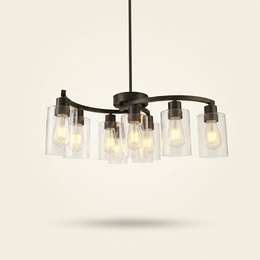9-Light Black Iron Chandelier with Clear Glass Shades, 30 in on a warm cream background