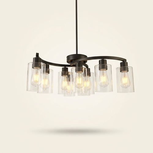 9-Light Black Iron Chandelier with Clear Glass Shades, 30 in on a warm cream background