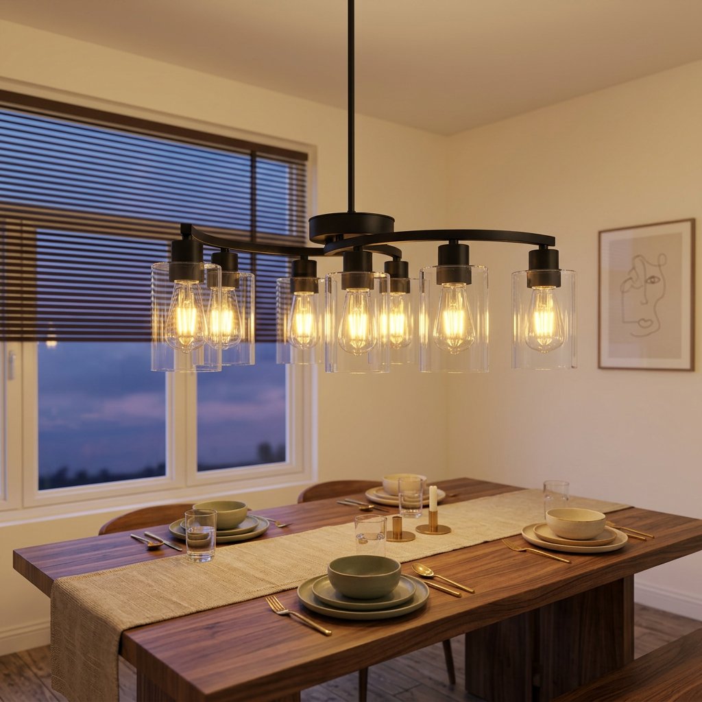 9-Light Black Iron Chandelier with Clear Glass Shades, 30 in styled in a warm modern interior