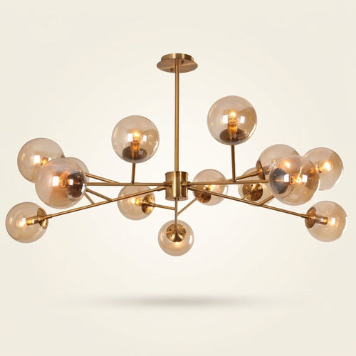 15- or 18-Light Brass-Finish Glass Chandelier, 50 in Wide on a warm cream background