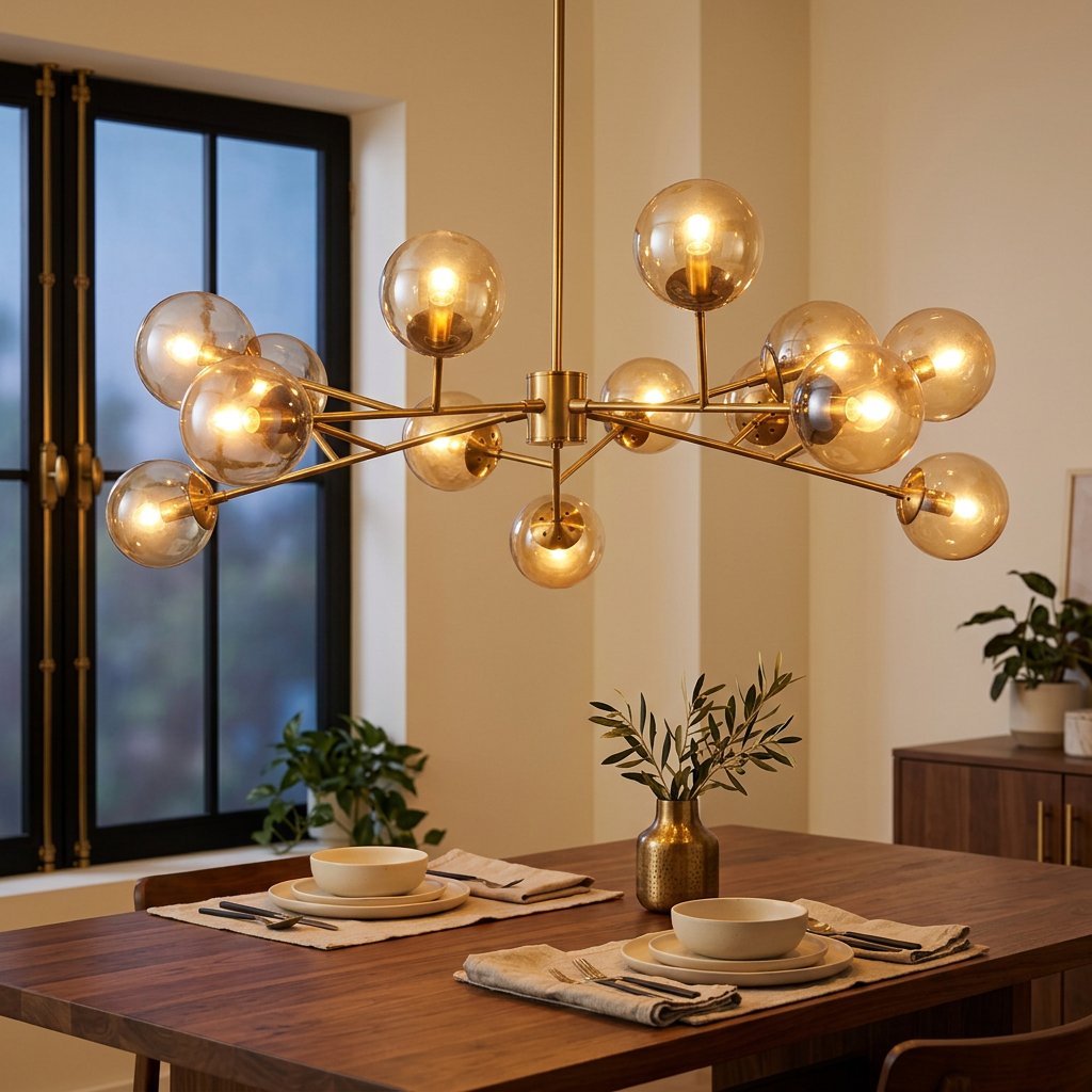 15- or 18-Light Brass-Finish Glass Chandelier, 50 in Wide styled in a warm modern interior