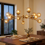 15- or 18-Light Brass-Finish Glass Chandelier, 50 in Wide styled in a warm modern interior