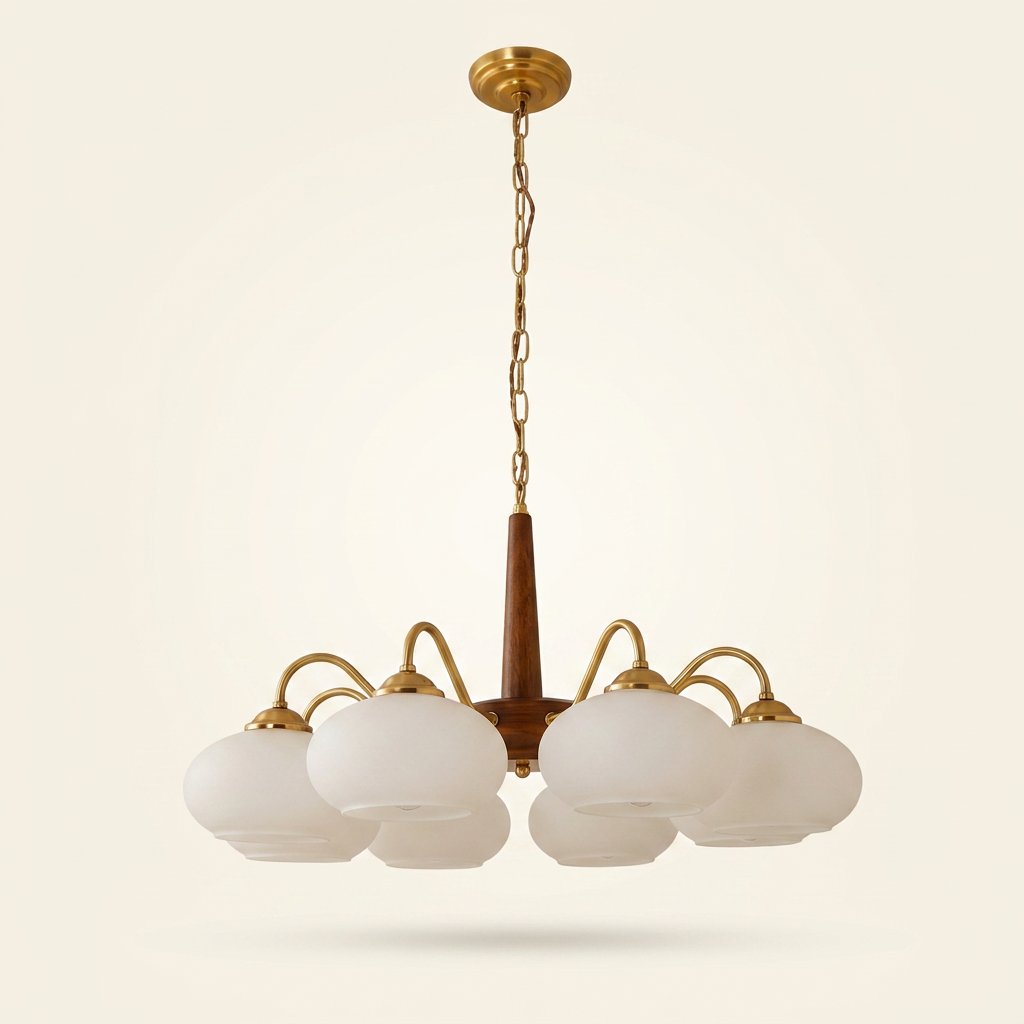 Rustic Wood-Finish Chandelier, Metal & Glass, 4, 6 or 8 Light on a warm cream background