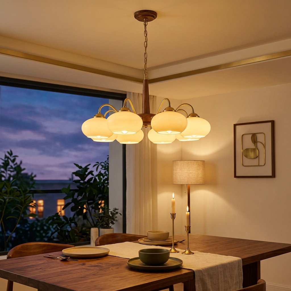 Rustic Wood-Finish Chandelier, Metal & Glass, 4, 6 or 8 Light styled in a warm modern interior