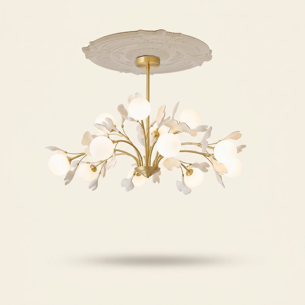 French Cream 6-Light Copper & Ceramic Chandelier on a warm cream background