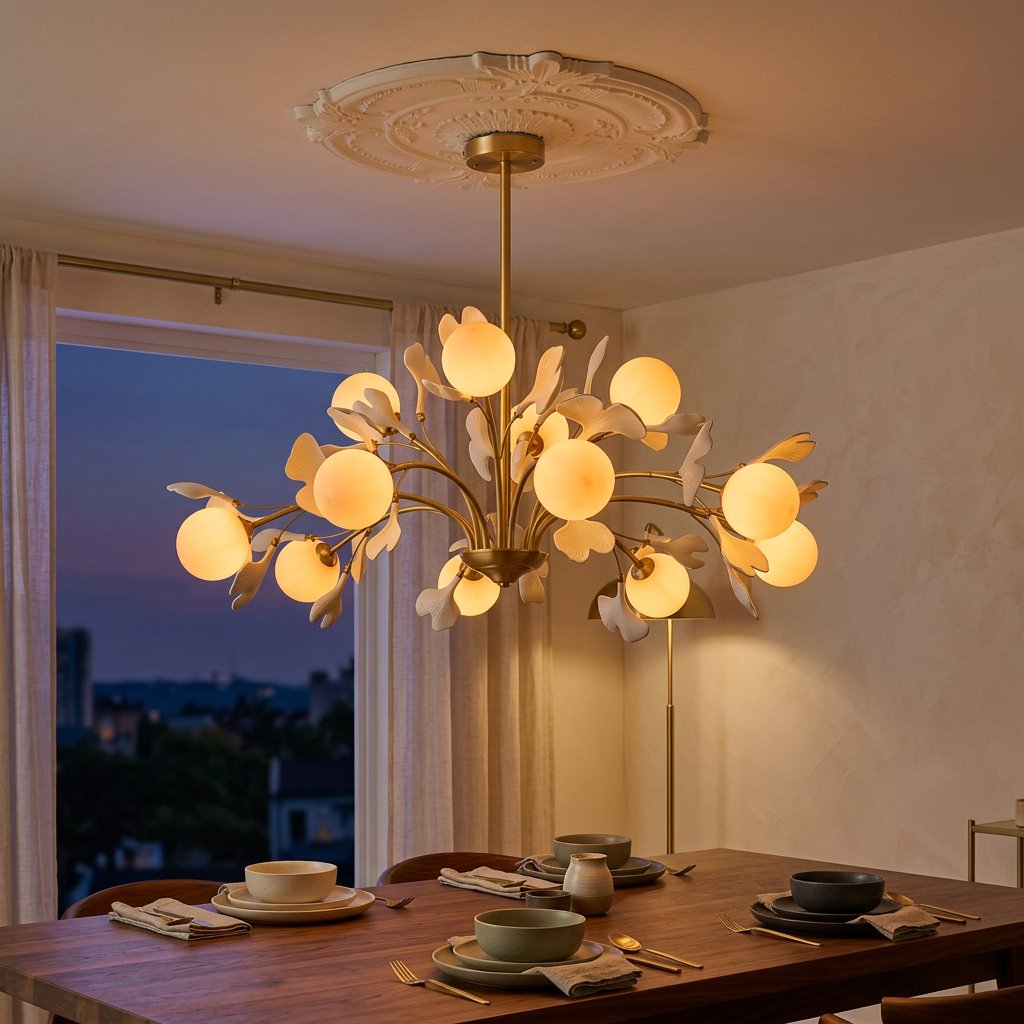French Cream 6-Light Copper & Ceramic Chandelier styled in a warm modern interior