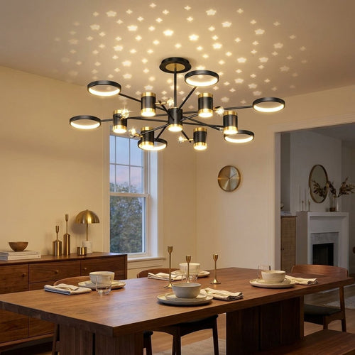 13-Light Star Chandelier, Black Iron, Nordic Style styled in a warm modern interior